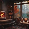 Nature Café Bliss: Cozy Fireplace, Lake & Rainy Ambience